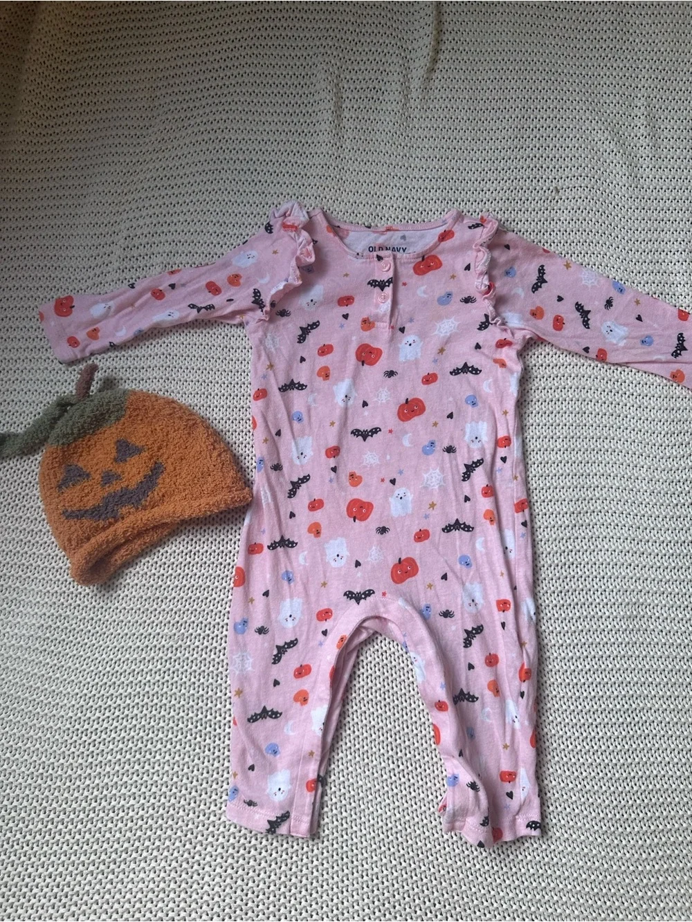 6-12 Months Pink Halloween Print Romper with Snaps + Pumpkin Hat